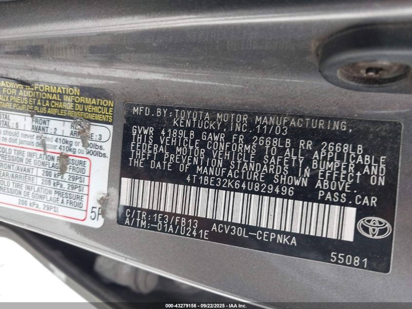 2004 Toyota Camry Le VIN: 4T1BE32K64U829496 Lot: 43279156