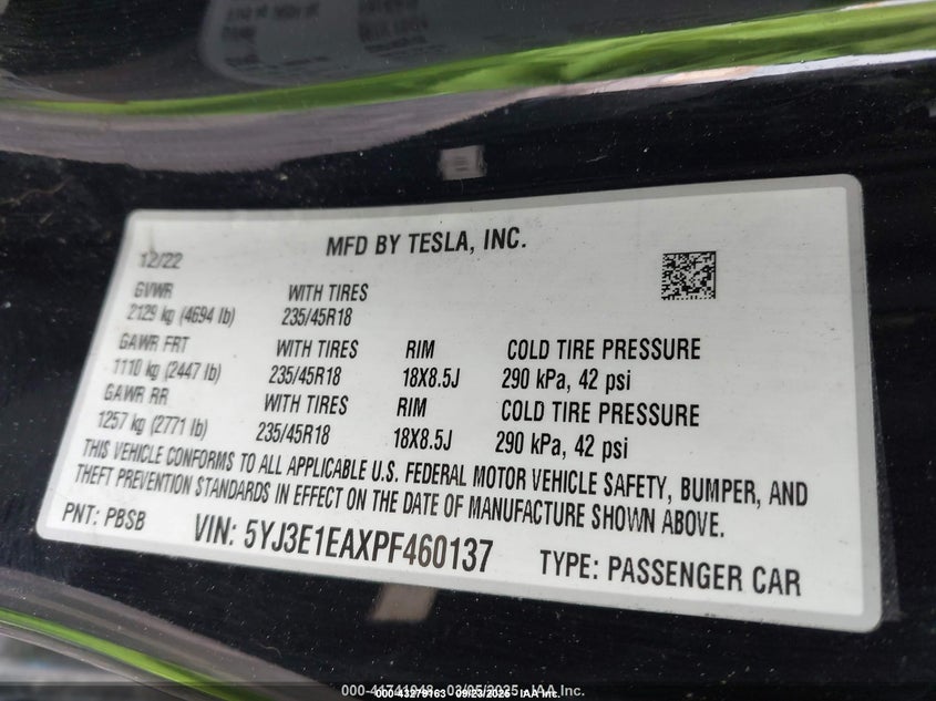 2023 Tesla Model 3 Rear-Wheel Drive VIN: 5YJ3E1EAXPF460137 Lot: 43279163