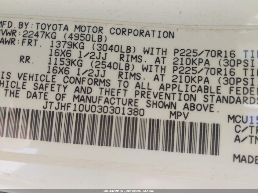 2003 Lexus Rx 300 VIN: JTJHF10U030301380 Lot: 43279186