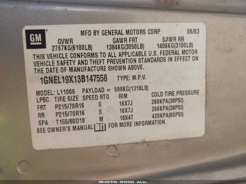 2003 Chevrolet Astro Ls VIN: 1GNEL19X13B147558 Lot: 43279192