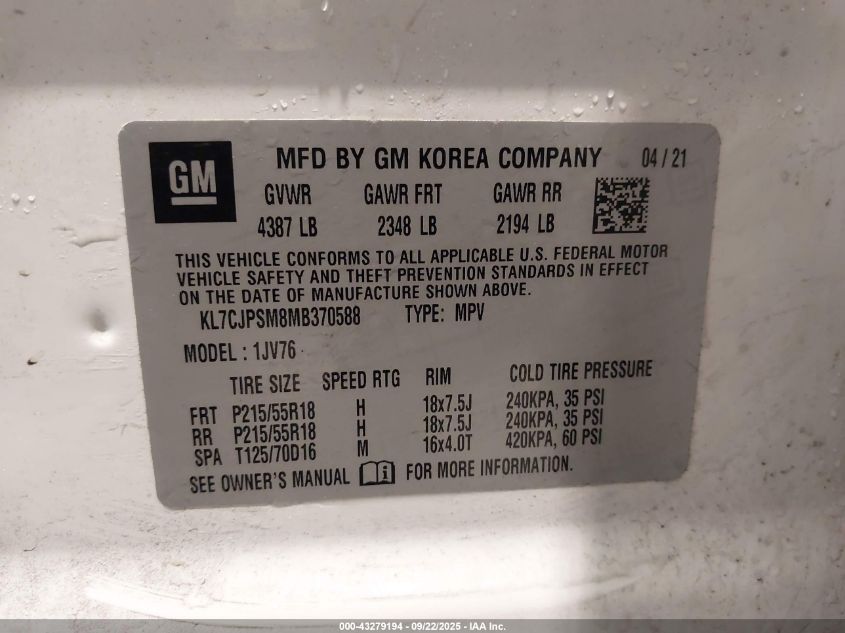 2021 Chevrolet Trax Awd Lt VIN: KL7CJPSM8MB370588 Lot: 43279194