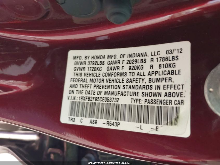 2012 Honda Civic Ex-L VIN: 19XFB2F95CE053732 Lot: 43279202