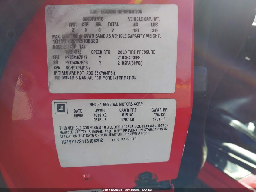 2001 Chevrolet Corvette Z06 Hardtop VIN: 1G1YY12S115108382 Lot: 43279238