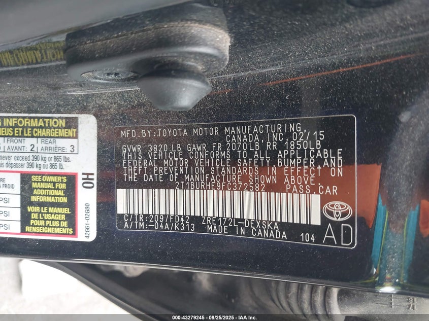 2015 Toyota Corolla S Plus VIN: 2T1BURHE9FC372582 Lot: 43279245