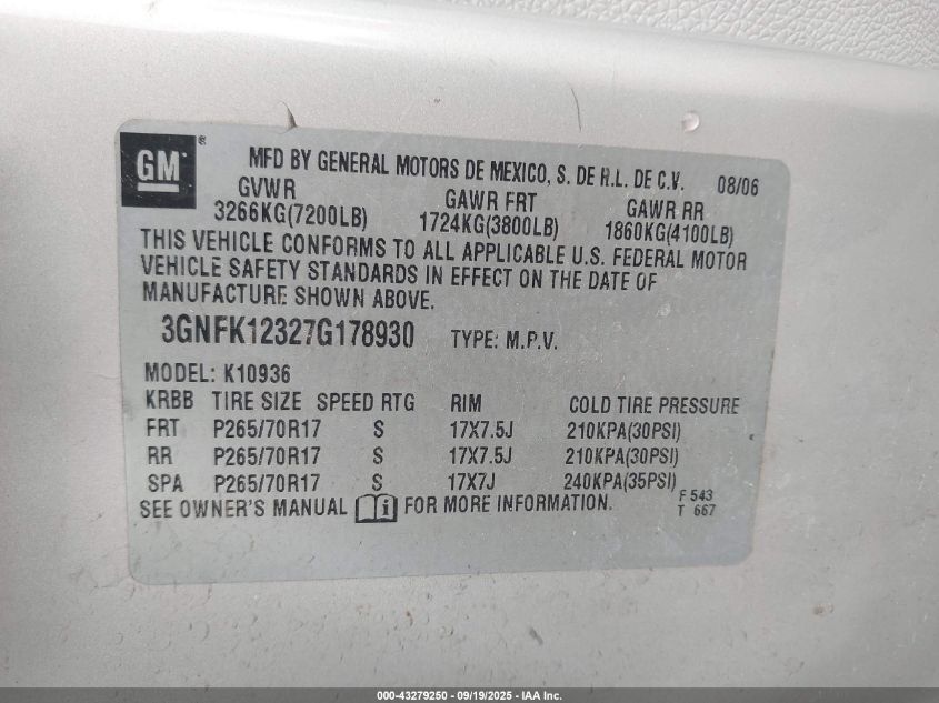2007 Chevrolet Avalanche 1500 Lt VIN: 3GNFK12327G178930 Lot: 43279250