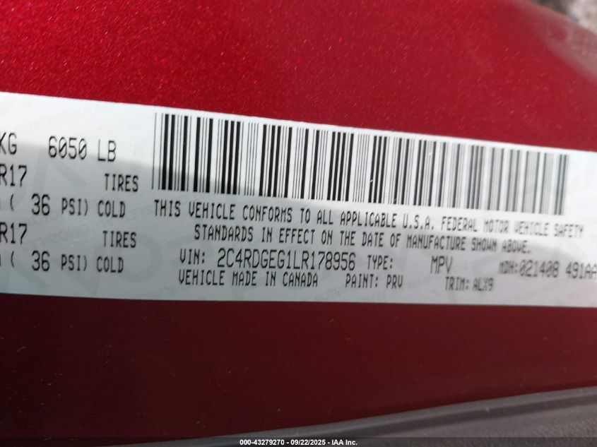 2020 Dodge Grand Caravan Gt VIN: 2C4RDGEG1LR178956 Lot: 43279270