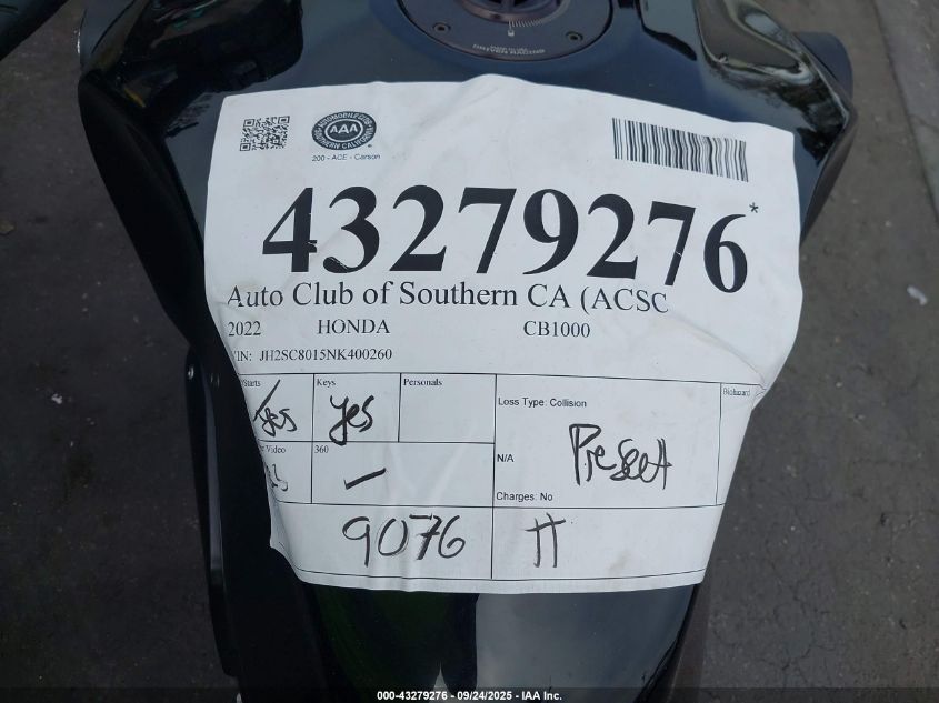 2022 Honda Cb1000 Ra VIN: JH2SC8015NK400260 Lot: 43279276
