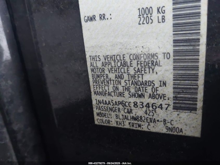 2012 Nissan Maxima 3.5 Sv VIN: 1N4AA5AP6CC834647 Lot: 43279279