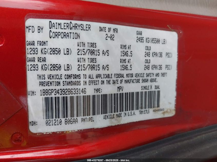 2002 Dodge Grand Caravan El VIN: 1B8GP34392B633146 Lot: 43279287
