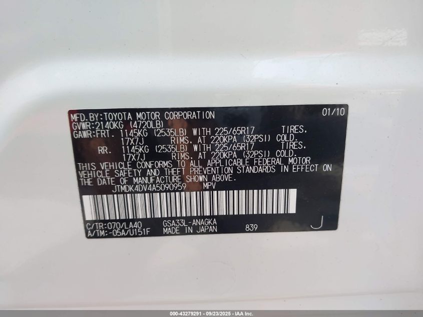 2010 Toyota Rav4 Limited V6 VIN: JTMDK4DV4A5090959 Lot: 43279291
