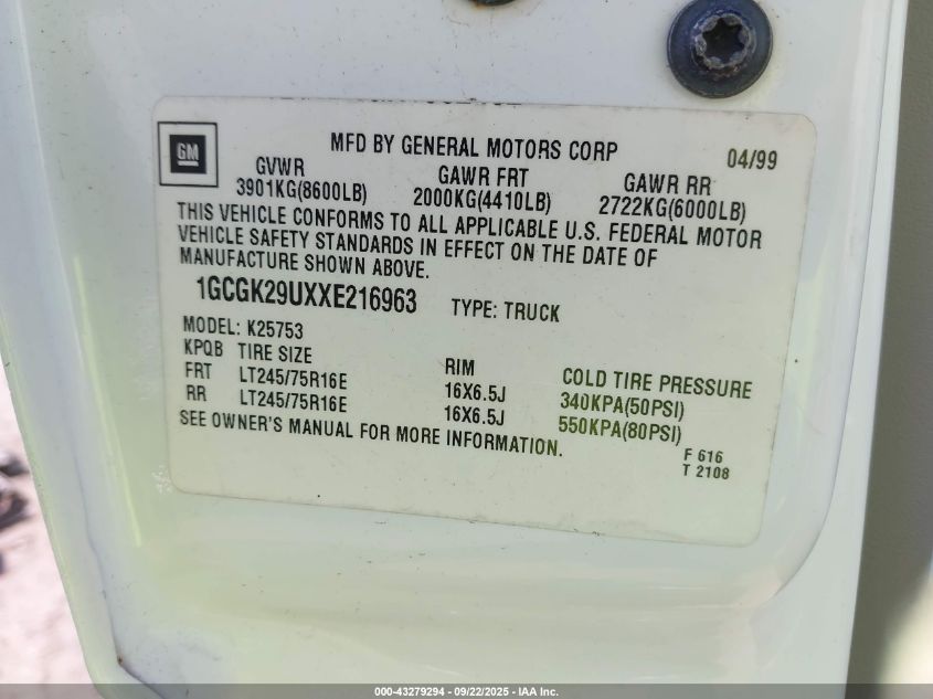 1999 Chevrolet Silverado 2500 Ls VIN: 1GCGK29UXXE216963 Lot: 43279294
