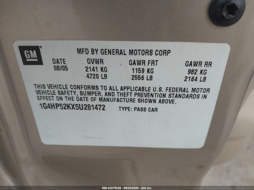 2005 Buick Lesabre Custom VIN: 1G4HP52KX5U281472 Lot: 43279328