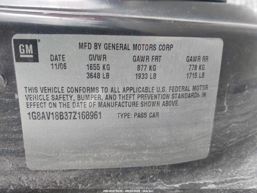 2007 Saturn Ion 3 VIN: 1G8AV18B37Z168961 Lot: 43279335