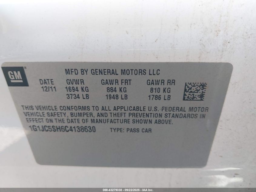 2012 Chevrolet Sonic 2Lt VIN: 1G1JC5SH6C4138630 Lot: 43279338