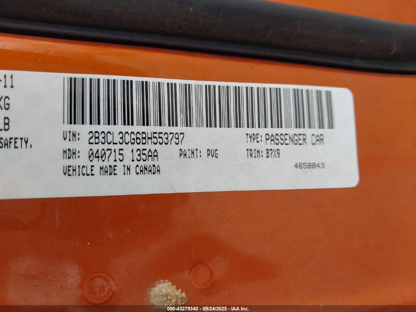 2011 Dodge Charger VIN: 2B3CL3CG6BH553797 Lot: 43279340
