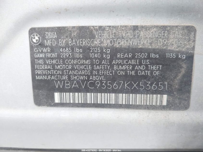2007 BMW 328Xi VIN: WBAVC93567KX53651 Lot: 43279352