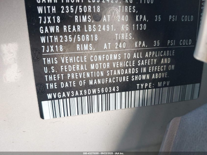 2013 Volkswagen Tiguan Se VIN: WVGAV3AX9DW560343 Lot: 43279359
