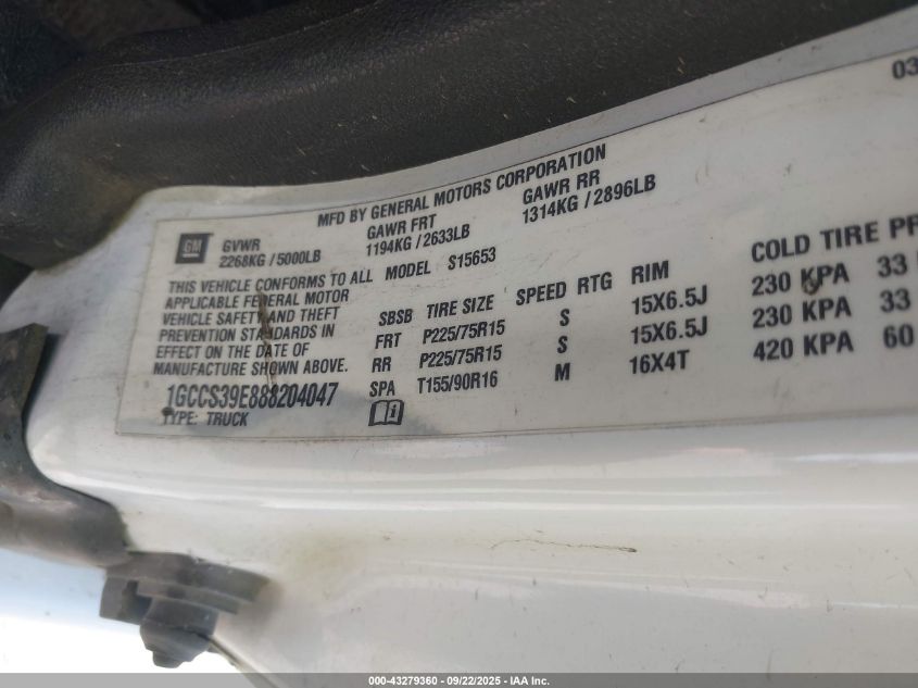 2008 Chevrolet Colorado Lt VIN: 1GCCS39E888204047 Lot: 43279360