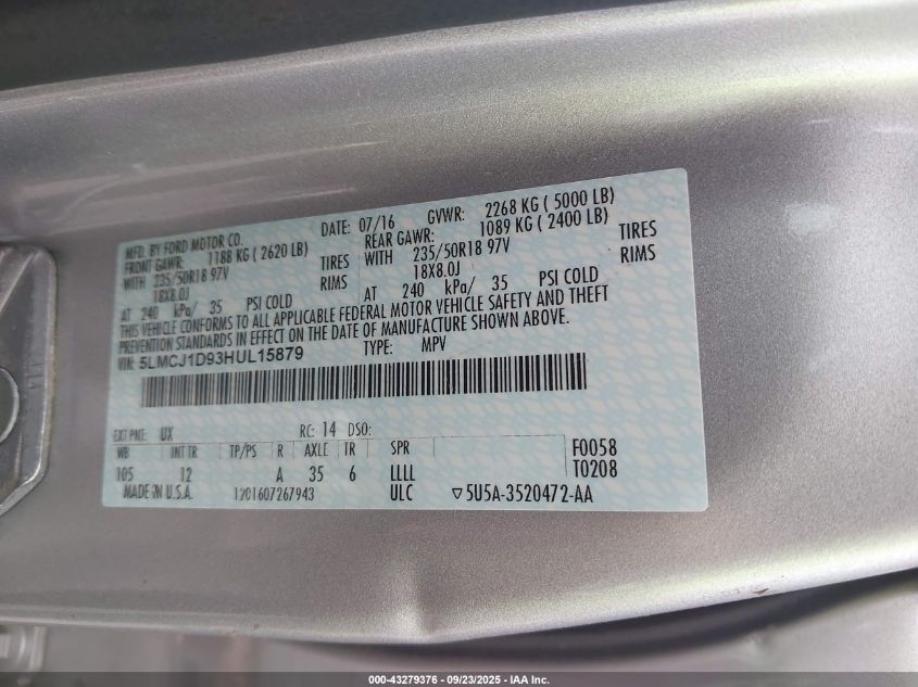 2017 Lincoln Mkc Premiere VIN: 5LMCJ1D93HUL15879 Lot: 43279376