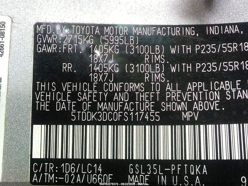 2015 Toyota Sienna Xle/Limited VIN: 5TDDK3DC0FS117455 Lot: 43279378