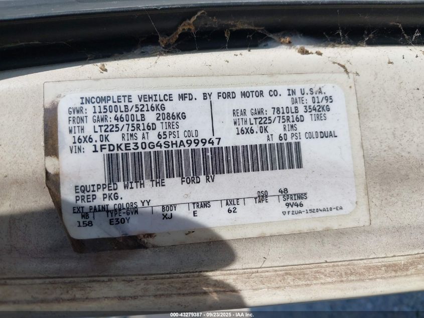 1995 Ford Econoline E350 Cutaway Van VIN: 1FDKE30G4SHA99947 Lot: 43279387