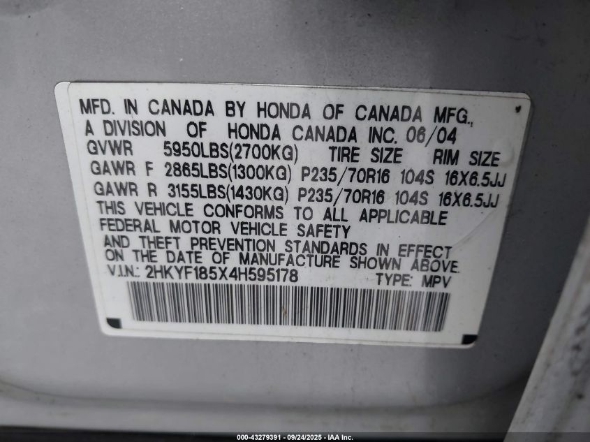 2004 Honda Pilot Ex-L VIN: 2HKYF185X4H595178 Lot: 43279391