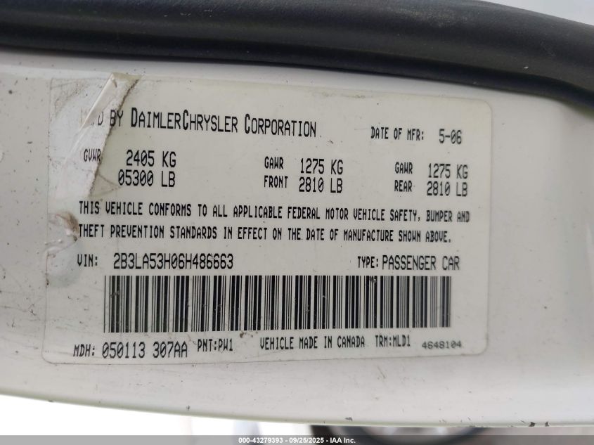 2006 Dodge Charger Rt VIN: 2B3LA53H06H486663 Lot: 43279393