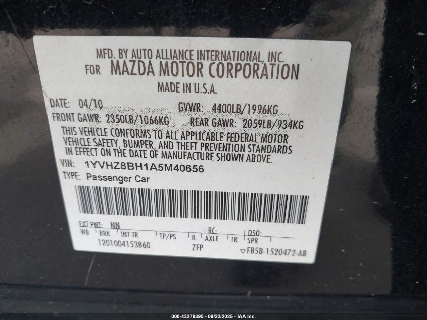 2010 Mazda Mazda6 I Sport VIN: 1YVHZ8BH1A5M40656 Lot: 43279395