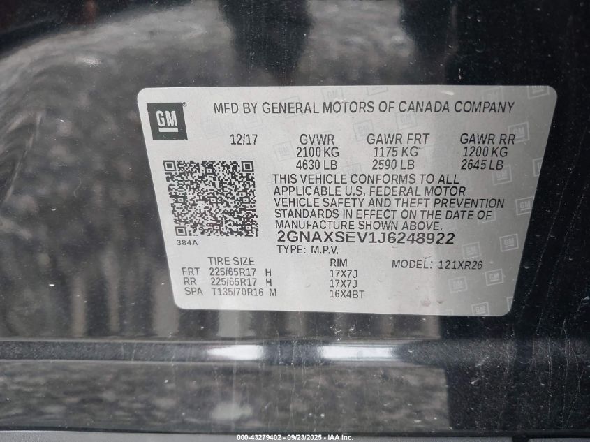 2018 Chevrolet Equinox Lt VIN: 2GNAXSEV1J6248922 Lot: 43279402