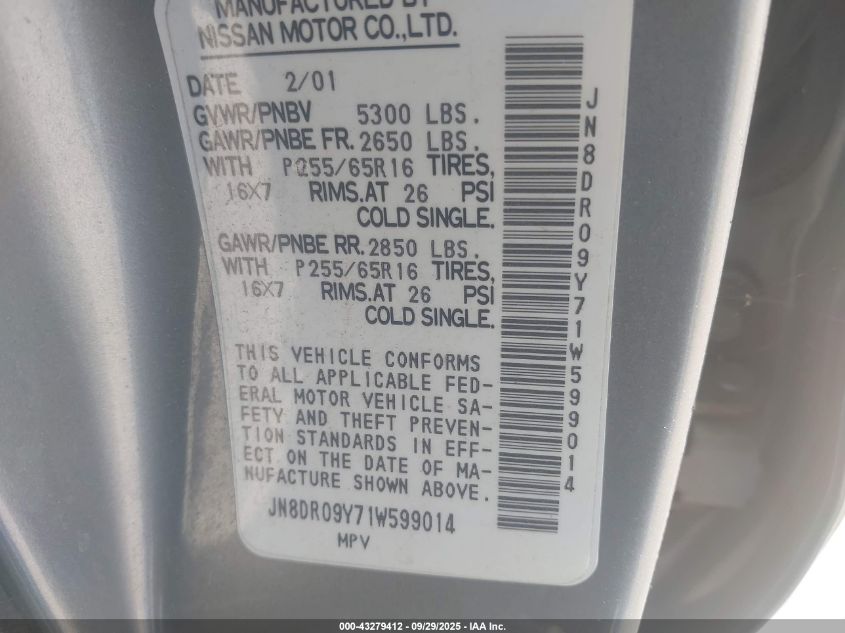2001 Nissan Pathfinder Le VIN: JN8DR09Y71W599014 Lot: 43279412