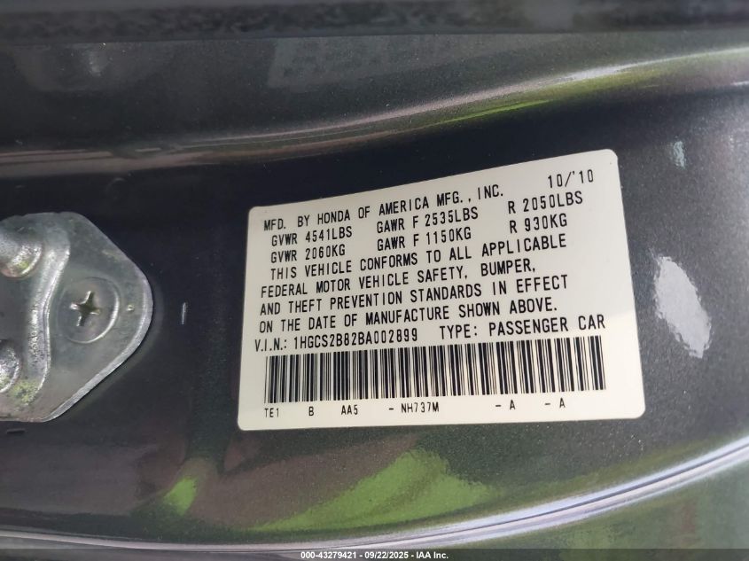 2011 Honda Accord 3.5 Ex-L VIN: 1HGCS2B82BA002899 Lot: 43279421