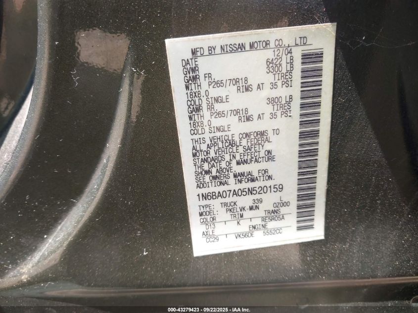 2005 Nissan Titan Le VIN: 1N6BA07A05N520159 Lot: 43279423