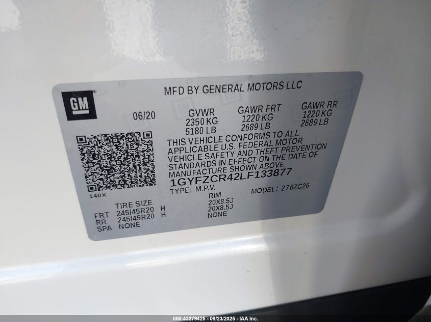 2020 Cadillac Xt4 Fwd Premium Luxury VIN: 1GYFZCR42LF133877 Lot: 43279425