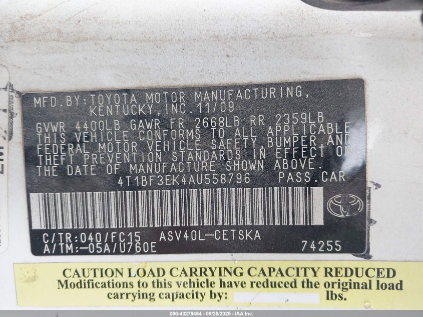 2010 Toyota Camry Se VIN: 4T1BF3EK4AU558796 Lot: 43279464