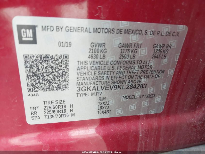 2019 GMC Terrain Slt VIN: 3GKALVEV9KL284283 Lot: 43279465