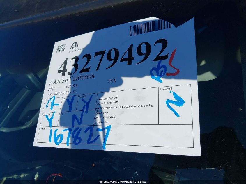 2007 Acura Tsx VIN: JH4CL96977C011132 Lot: 43279492