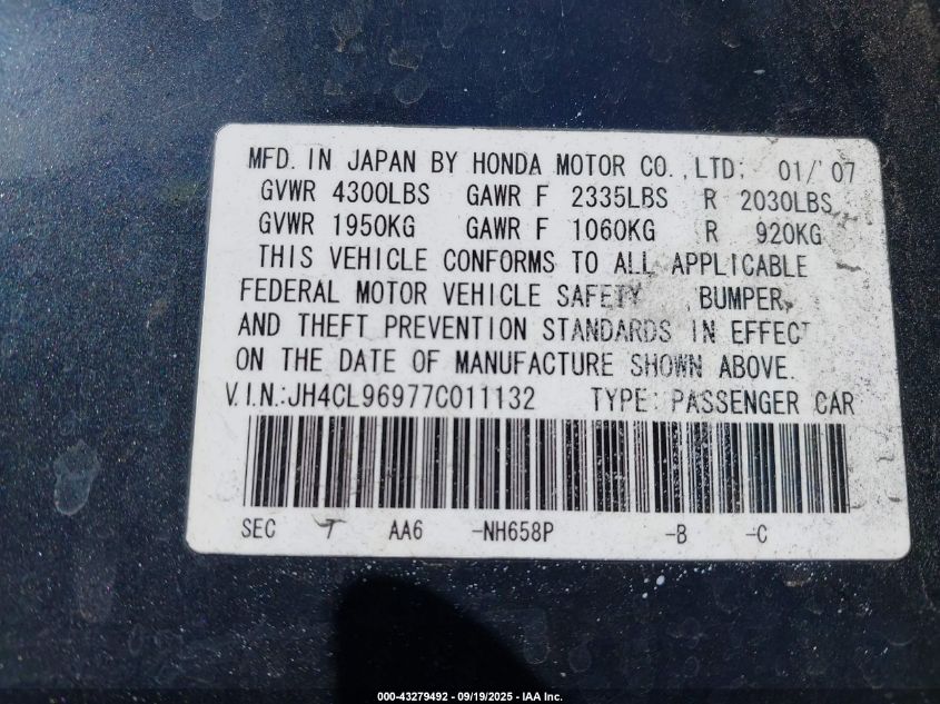 2007 Acura Tsx VIN: JH4CL96977C011132 Lot: 43279492