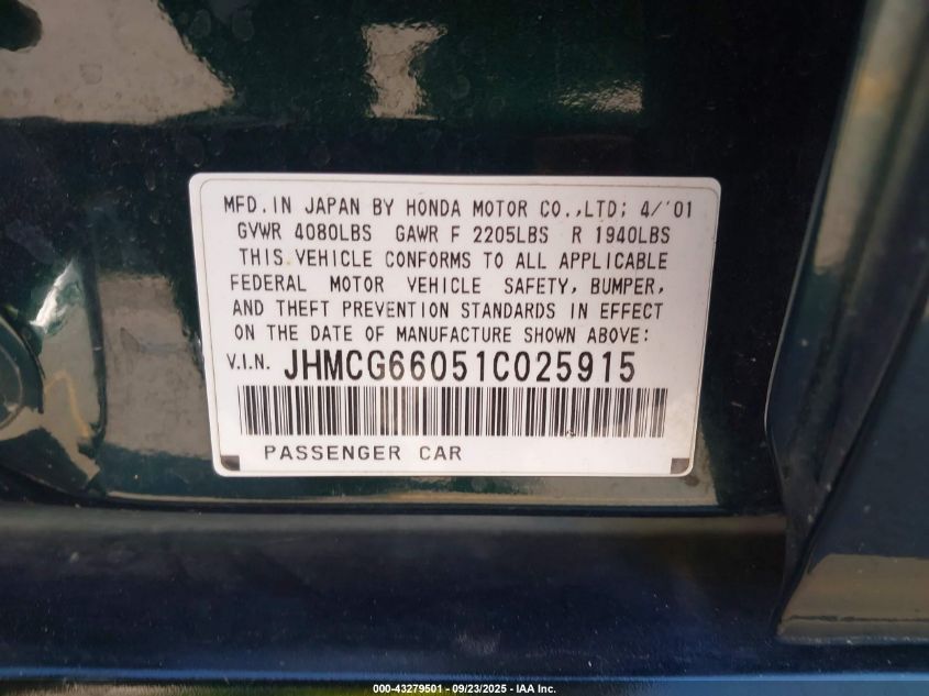 2001 Honda Accord 2.3 Ex VIN: JHMCG66051C025915 Lot: 43279501