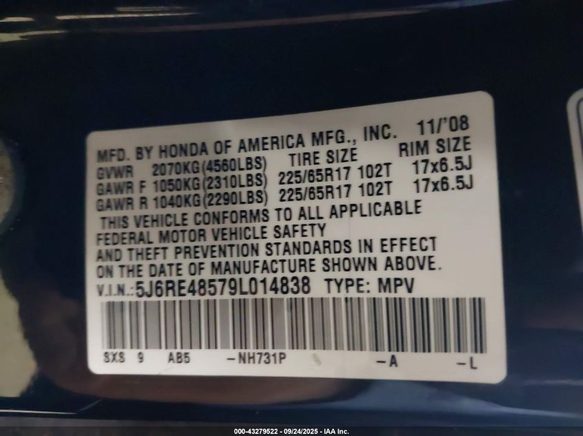 2009 Honda Cr-V Ex VIN: 5J6RE48579L014838 Lot: 43279522