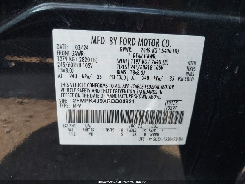 2024 Ford Edge Sel VIN: 2FMPK4J9XRBB00921 Lot: 43279527