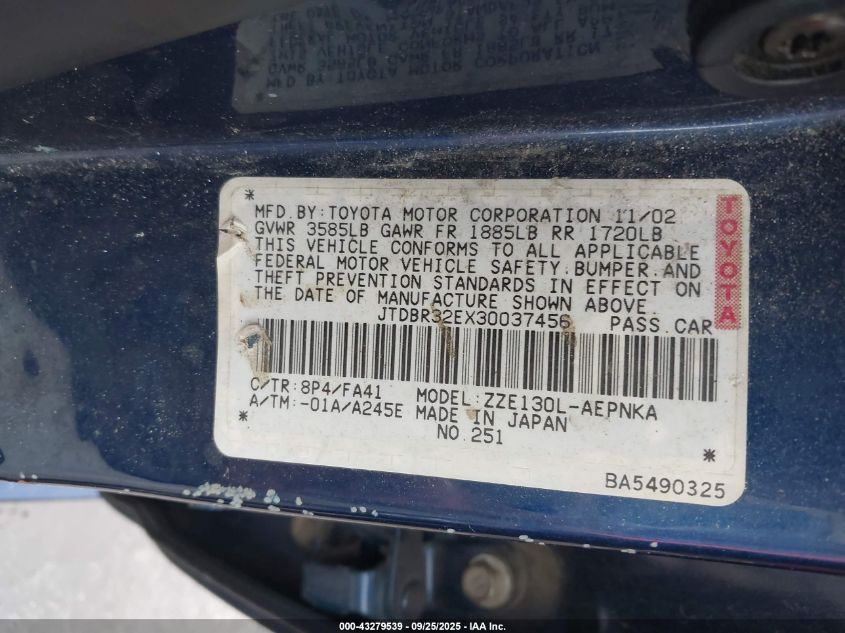 2003 Toyota Corolla Le VIN: JTDBR32EX30037456 Lot: 43279539