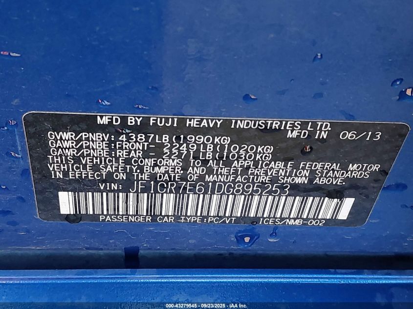 2013 Subaru Impreza Wrx Limited VIN: JF1GR7E61DG895253 Lot: 43279545