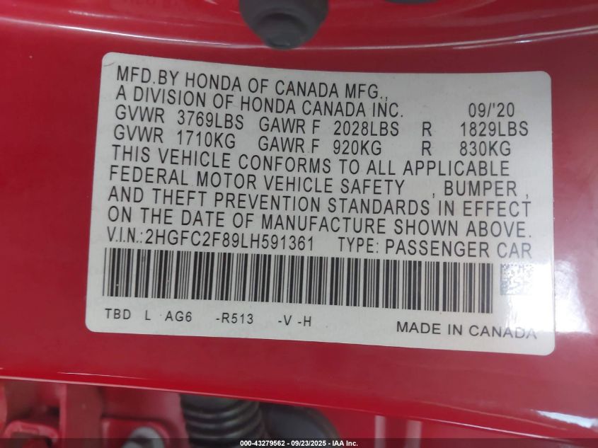 2020 Honda Civic Sport VIN: 2HGFC2F89LH591361 Lot: 43279562