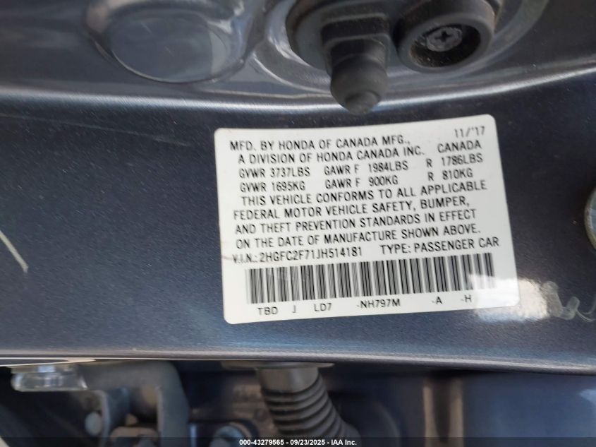 2018 Honda Civic Ex VIN: 2HGFC2F71JH514181 Lot: 43279565