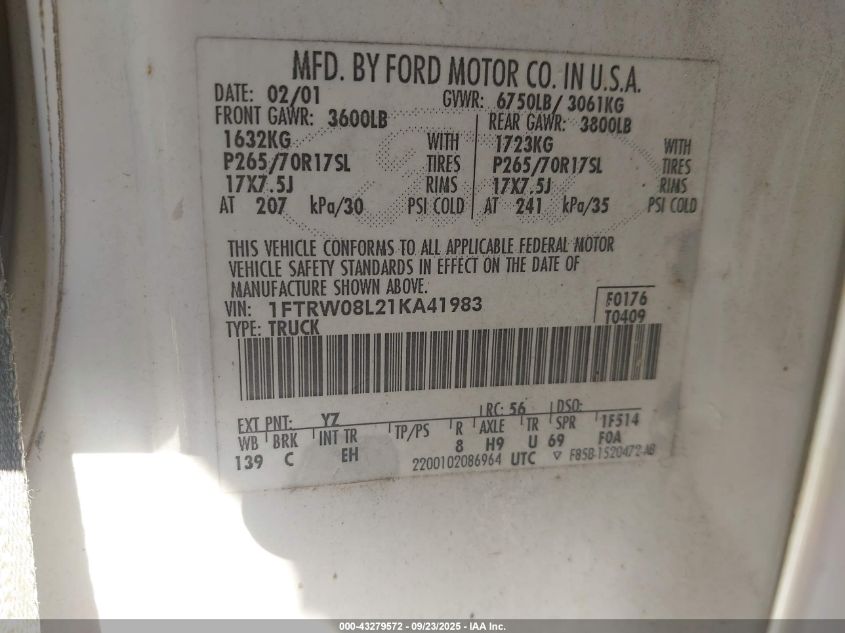 2001 Ford F-150 King Ranch Edition/Lariat/Xlt VIN: 1FTRW08L21KA41983 Lot: 43279572