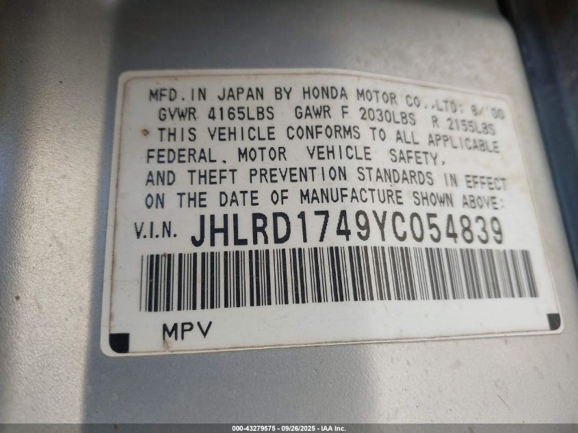 2000 Honda Cr-V Lx VIN: JHLRD1749YC054839 Lot: 43279575