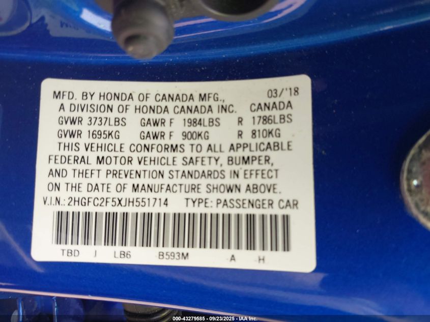 2018 Honda Civic Lx VIN: 2HGFC2F5XJH551714 Lot: 43279585