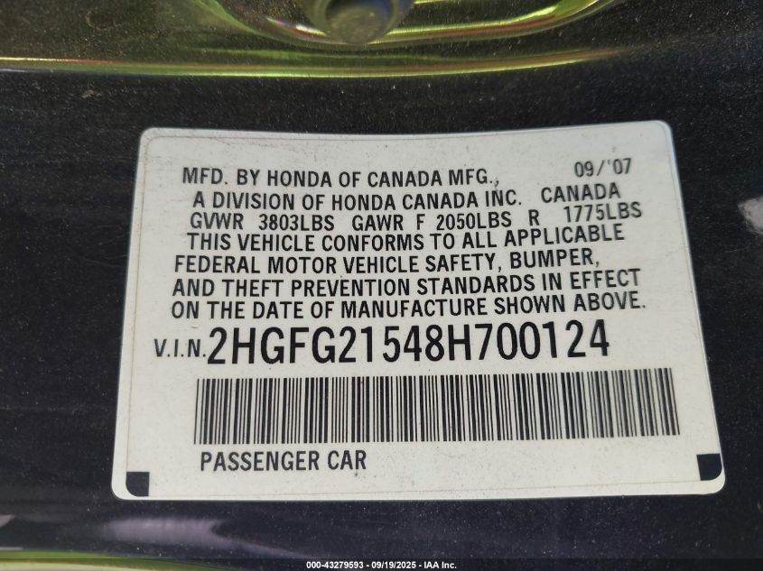2008 Honda Civic Si VIN: 2HGFG21548H700124 Lot: 43279593
