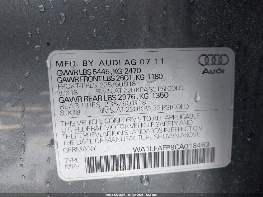 2012 Audi Q5 2.0T Premium VIN: WA1LFAFP9CA018463 Lot: 43279598