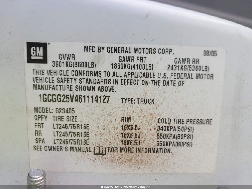 2006 Chevrolet Express Work Van VIN: 1GCGG25V461114127 Lot: 43279616